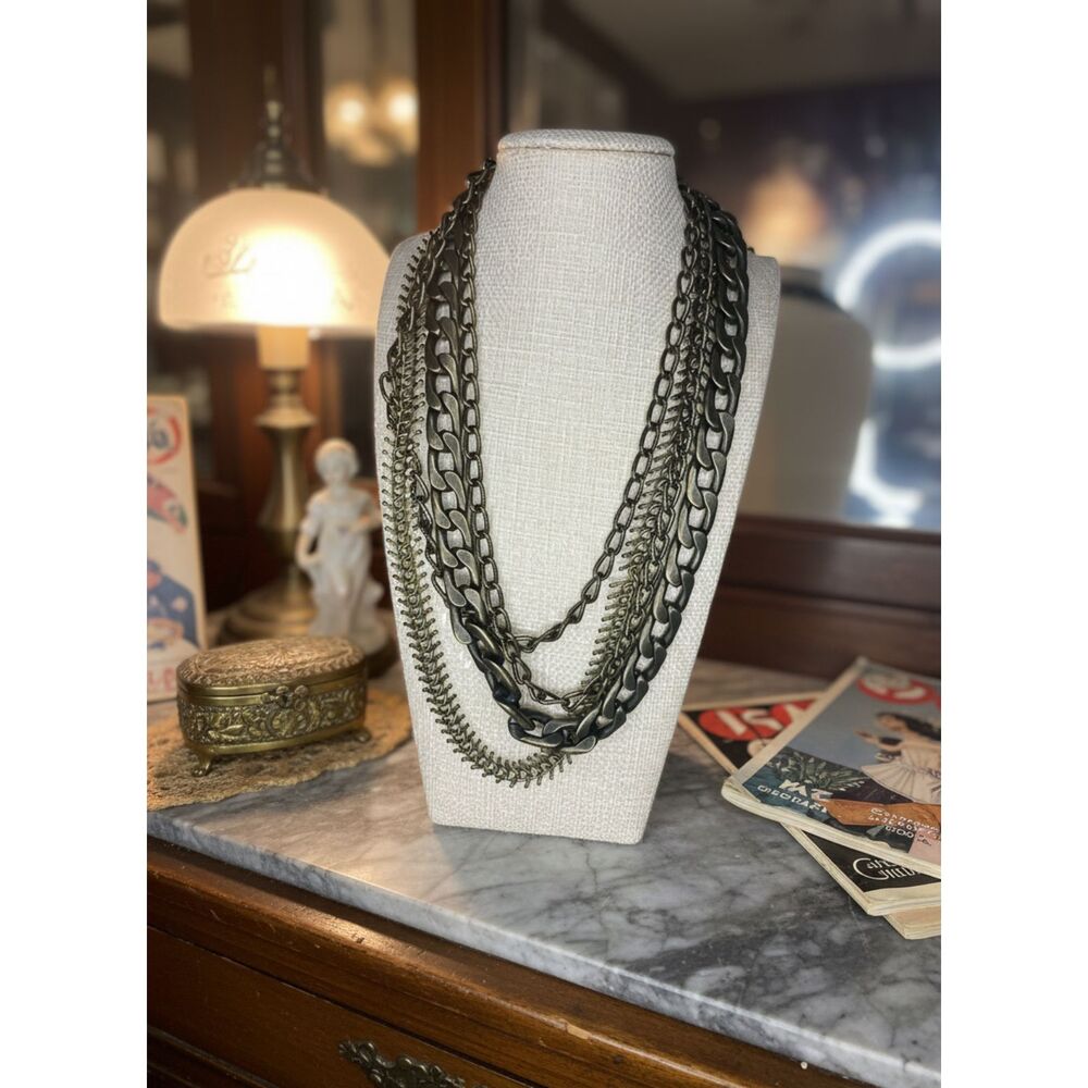 David Aubrey Multi-Layer Statement Necklace Antique Gold Bronze Chains